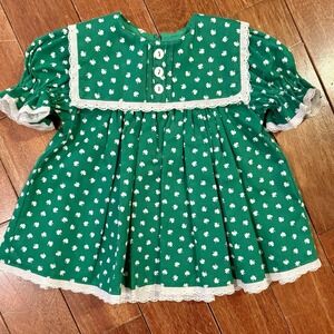 VTG 80s Handmade St. Patrick's Day Dress Baby Girl Green Clover Shamrock Cottage